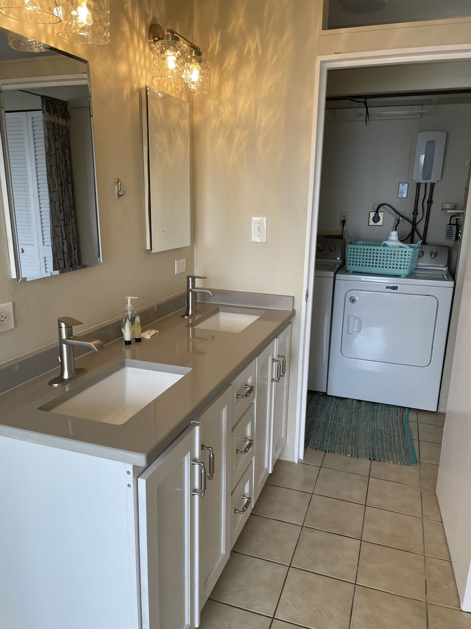 Full size washer and dryer, new vanity. 

