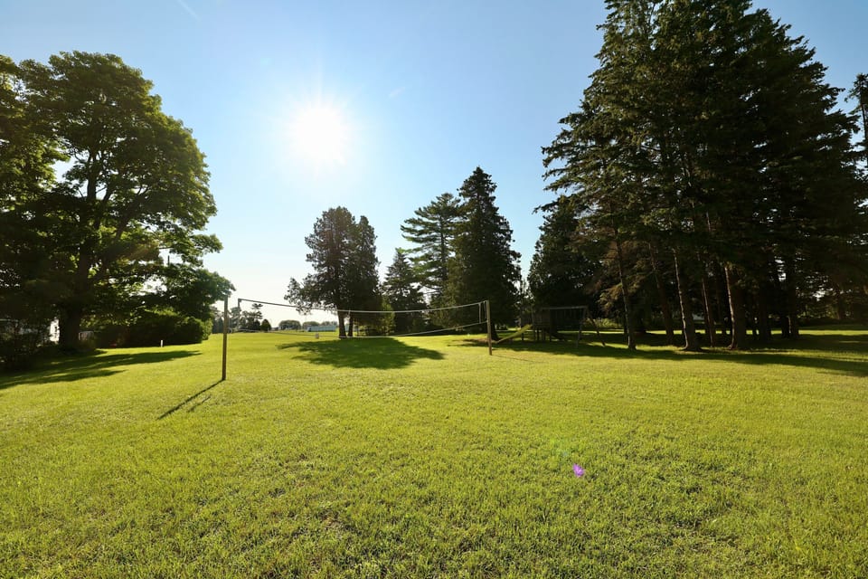 Large park-like setting with volleyball net