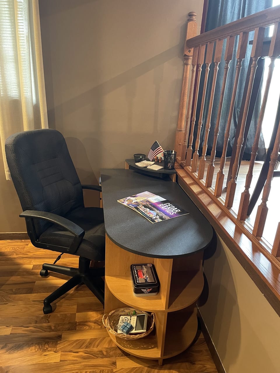 Desk with Cedar Rapids and Iowa City visitor guides.
