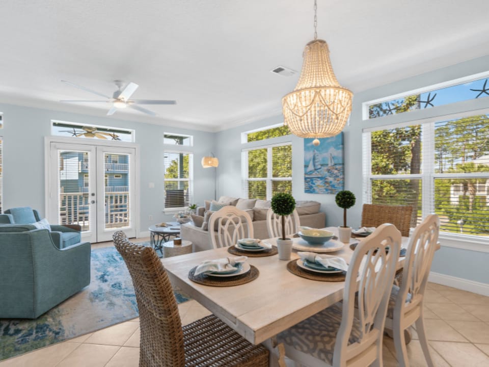 New dining table with seating for 6 plus additional seating at kitchen island