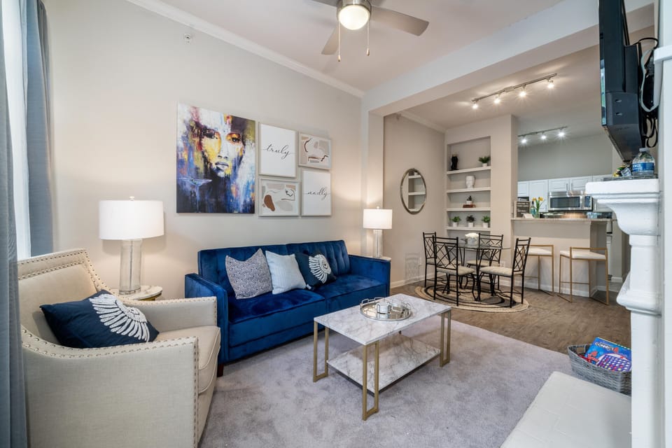 Full View of Living Space + Dining + Kitchen
