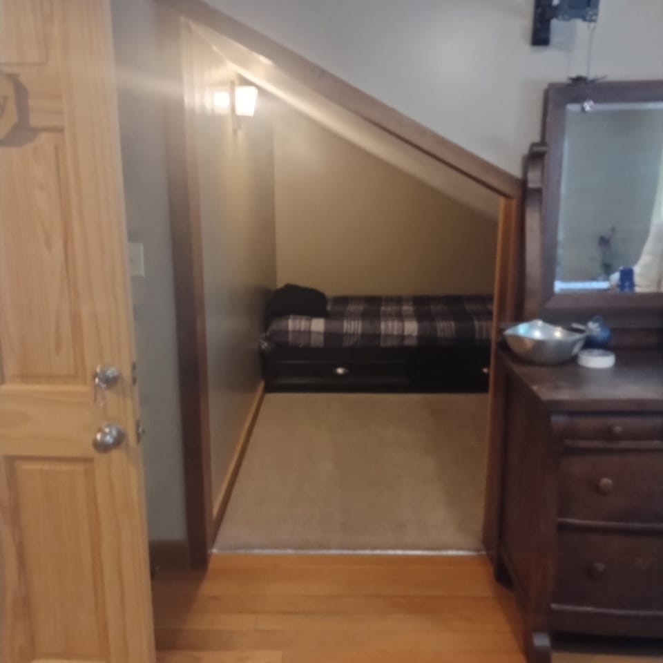 room, indoor, upstairs in main home, twin bed