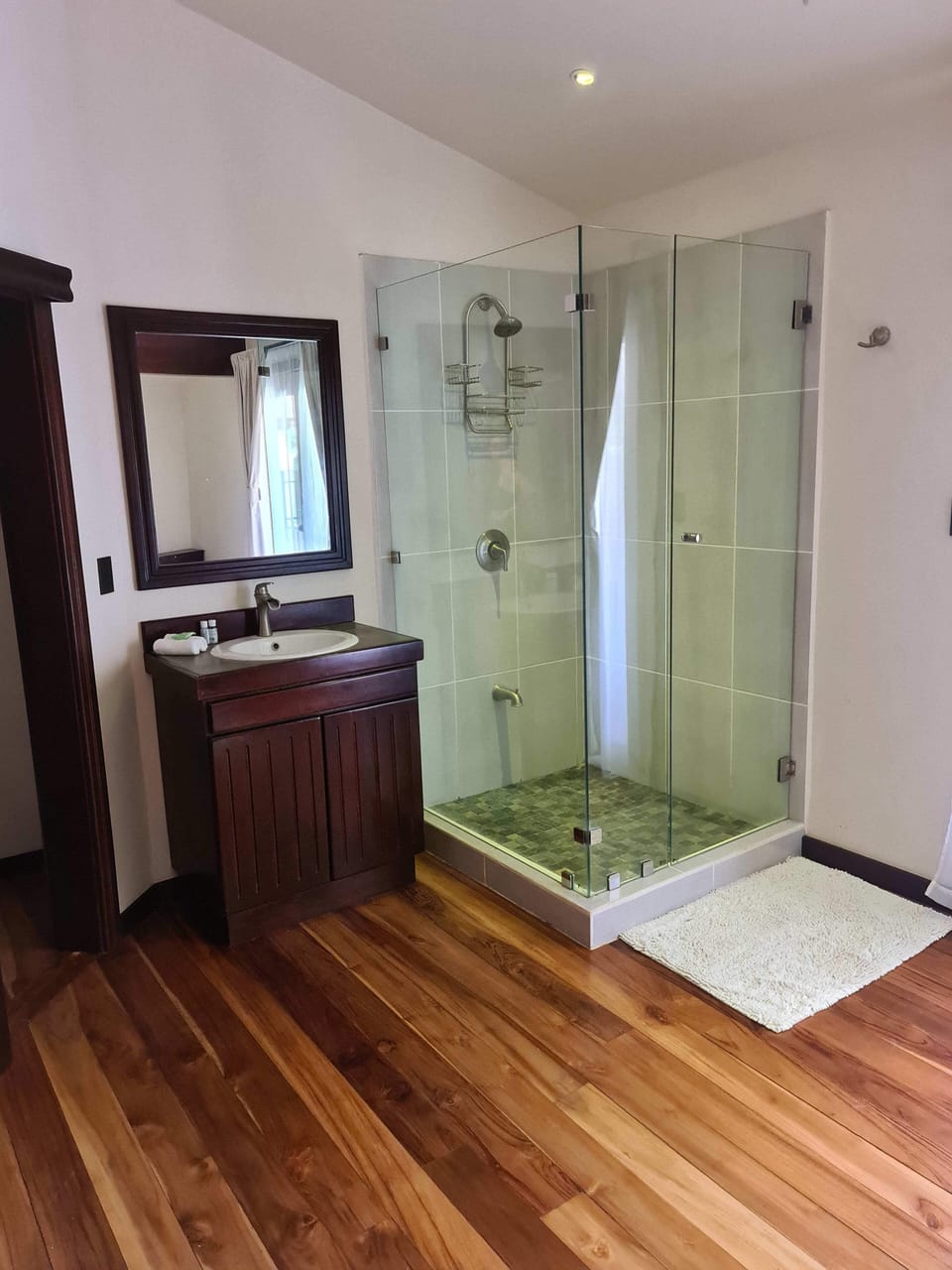 A shower and sink, both with hot water
