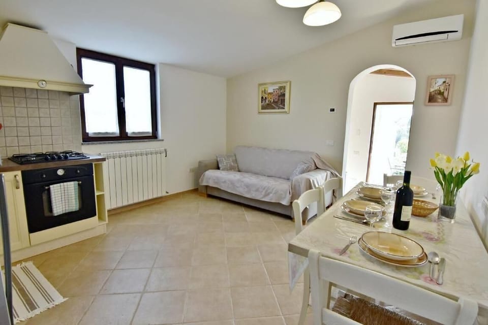 The eat-in kitchen with the sofa bed, the dining table with 4 chairs, and an air conditioner.