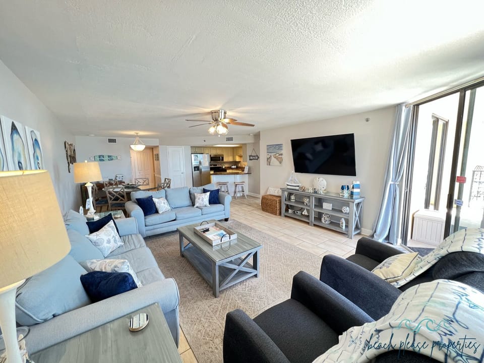 Open floor plan with beach views from kitchen, dining, or living room