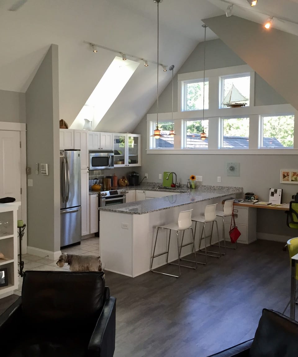 Open concept with cathedral ceilings