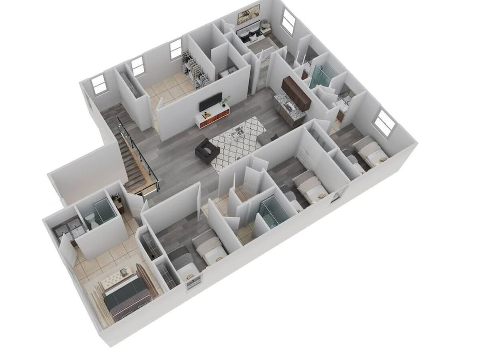 Second floor layout showing the home theater area plus 6 additional bedrooms and 4 additional bathrooms for a total of 8 bedrooms and 6 full baths.