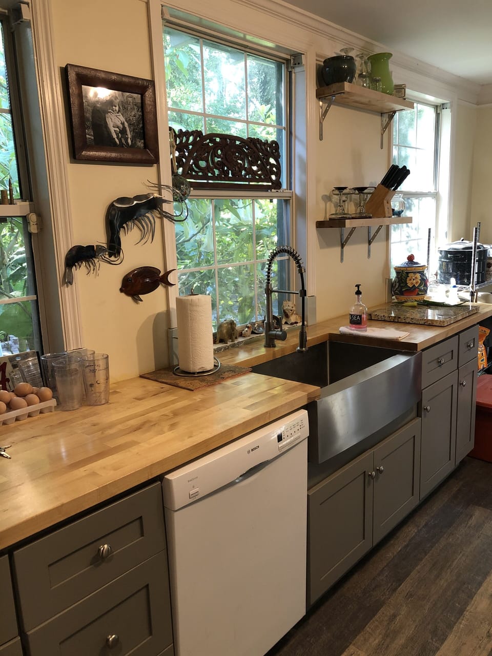Long butcher block countertop stainless steel farm sink 