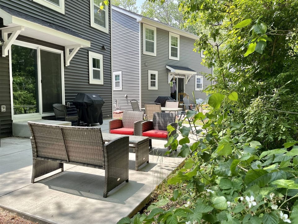 Backyard patio with comfortable seating, a gas grill and a private wooded backdrop.