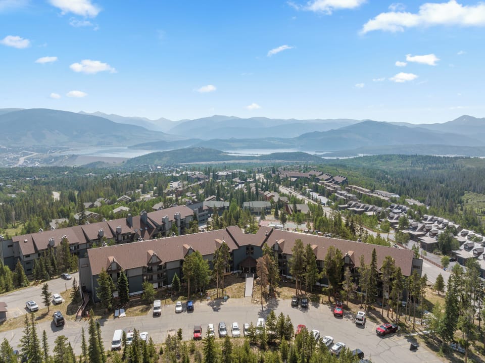 Aerial view of complex with Lake Dillon in background