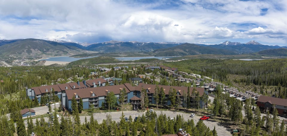 Aerial view of complex with Lake Dillon in background