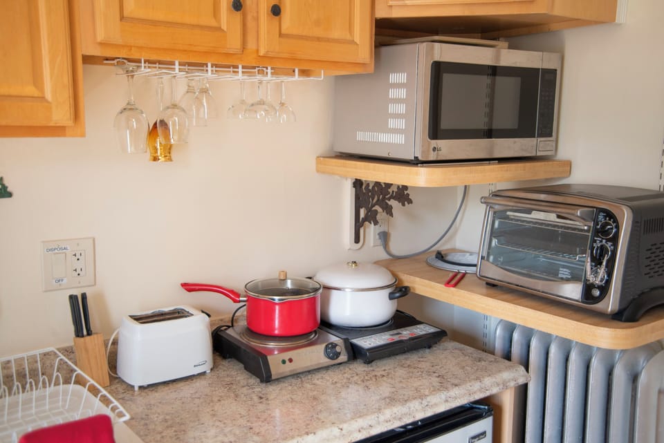 Kitchen appliances - 2 hot-plates, toaster, toaster oven, microwave & fridge