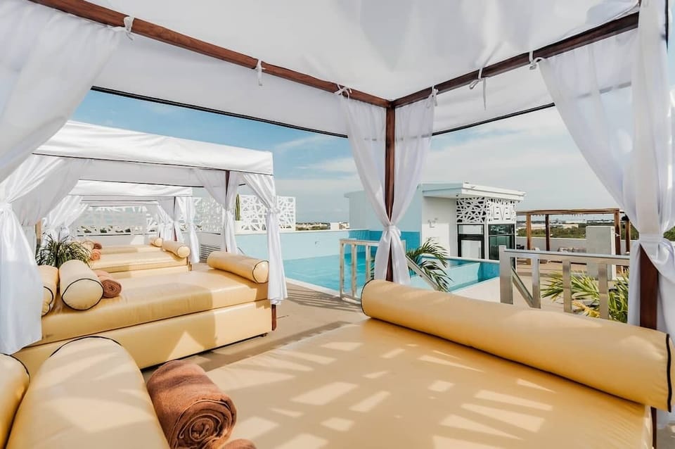 Enjoy beds next to common pool