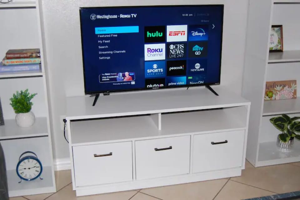 Smart television with free options like, Disney, Hulu,  and more free channels.