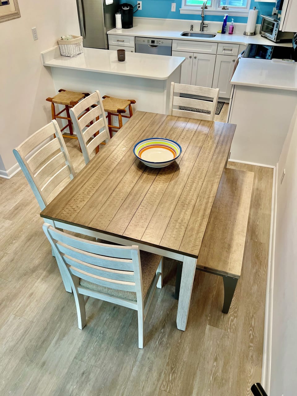 Dining area - bench can be swapped with 2 additional matching chairs if desired