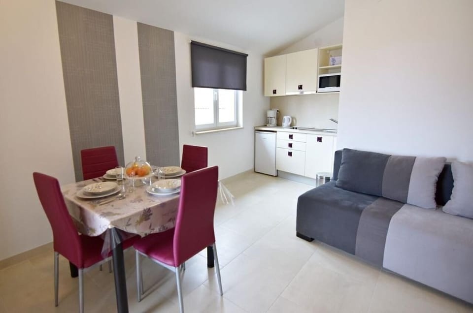 The living area with dining table, sofa bed and equipped kitchen