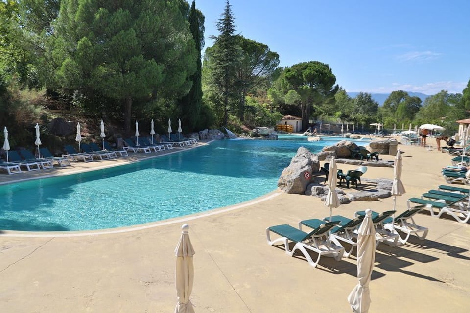 Wide outdoor pool with sun loungers under the trees — the starting point for most afternoons here.