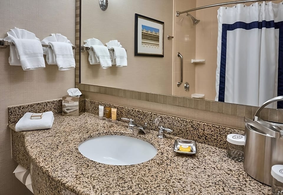 Full bathroom with a shower. Basic toiletries and towels are provided