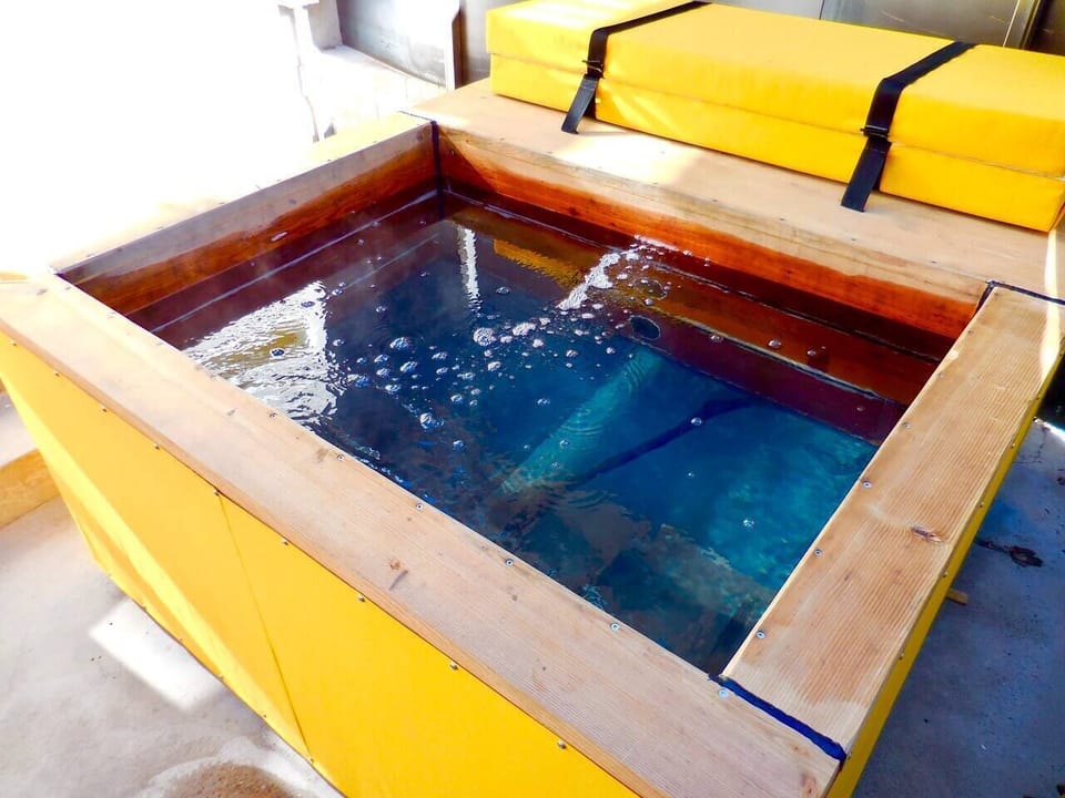 Private hot water soaking tub, jetless, wooden, in the style of a japanese ofuro