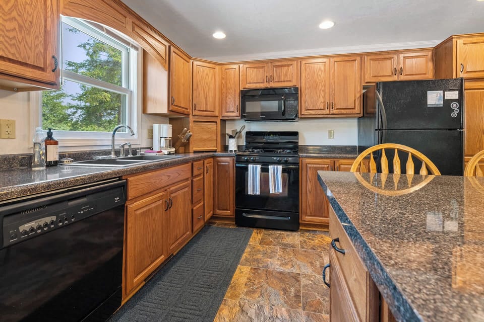 Large kitchen has plenty of counter space for preparation