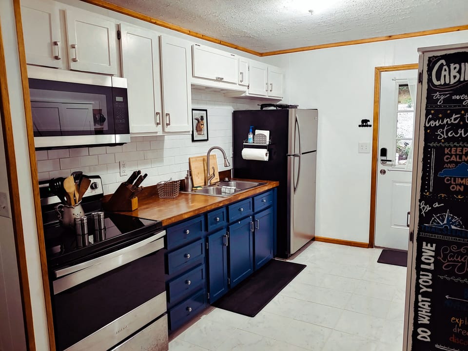 Full kitchen view and cabin front door.  