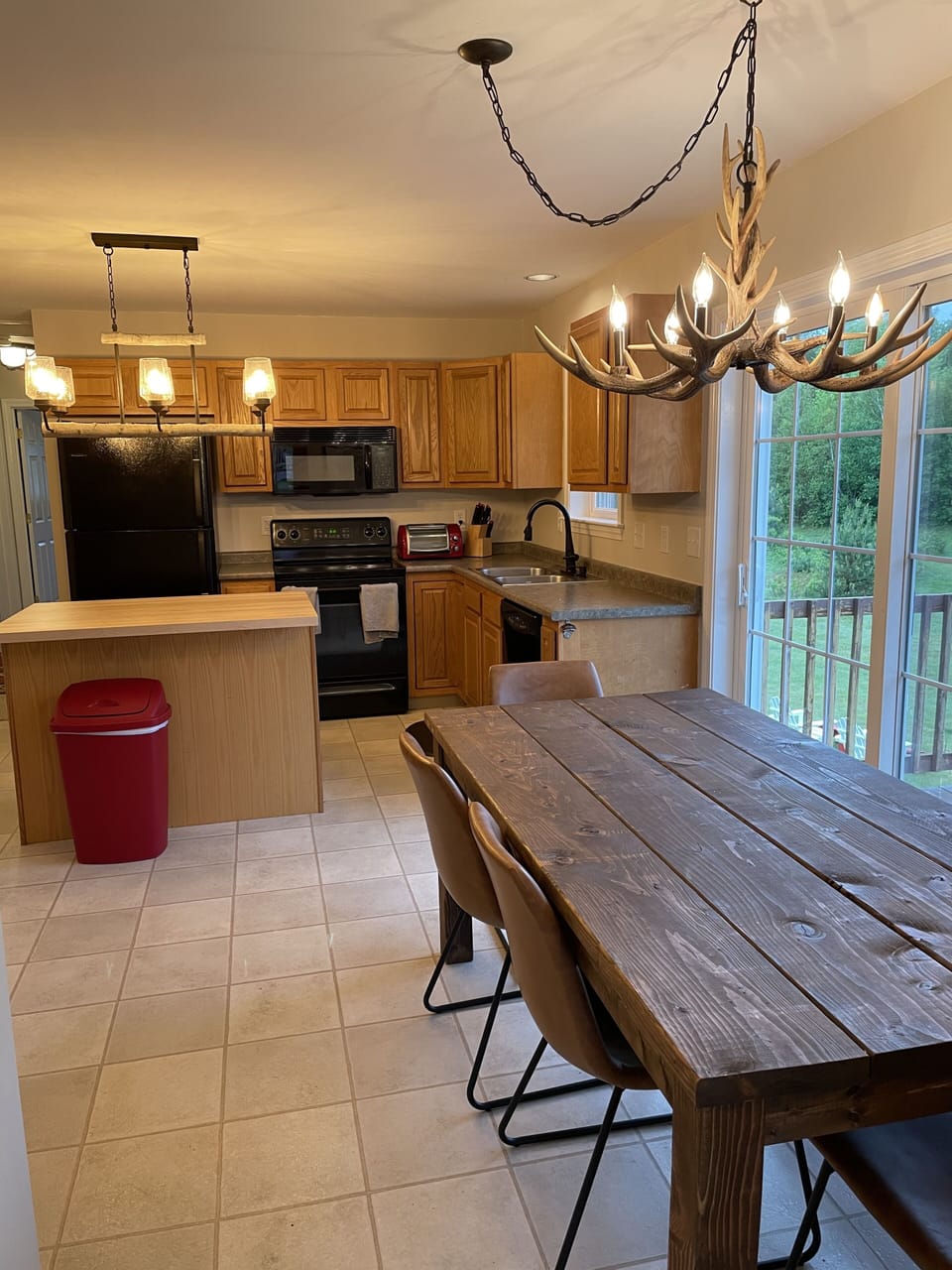 Kitchen is equipped with all the essentials for cooking.  Table seats six. 