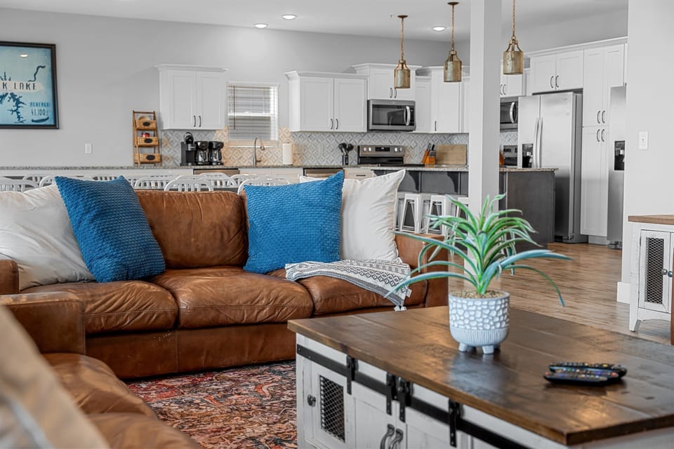 Great Room with electric fireplace and 65 inch smart TV