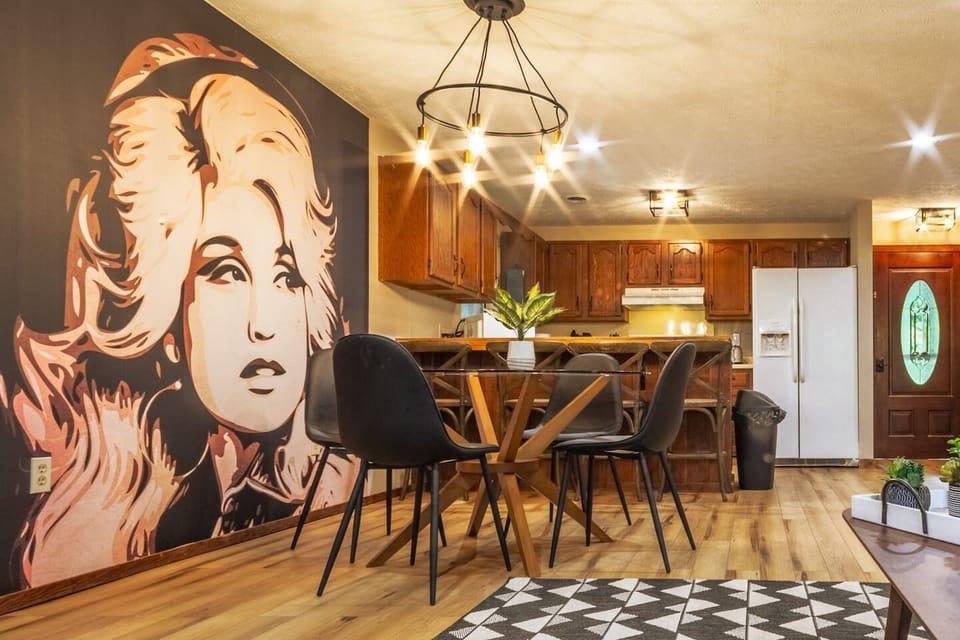 Open dining + kitchen + living area