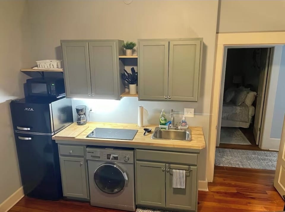 Kitchenette. Apartment fridge, two burners. Washer/dryer combo
