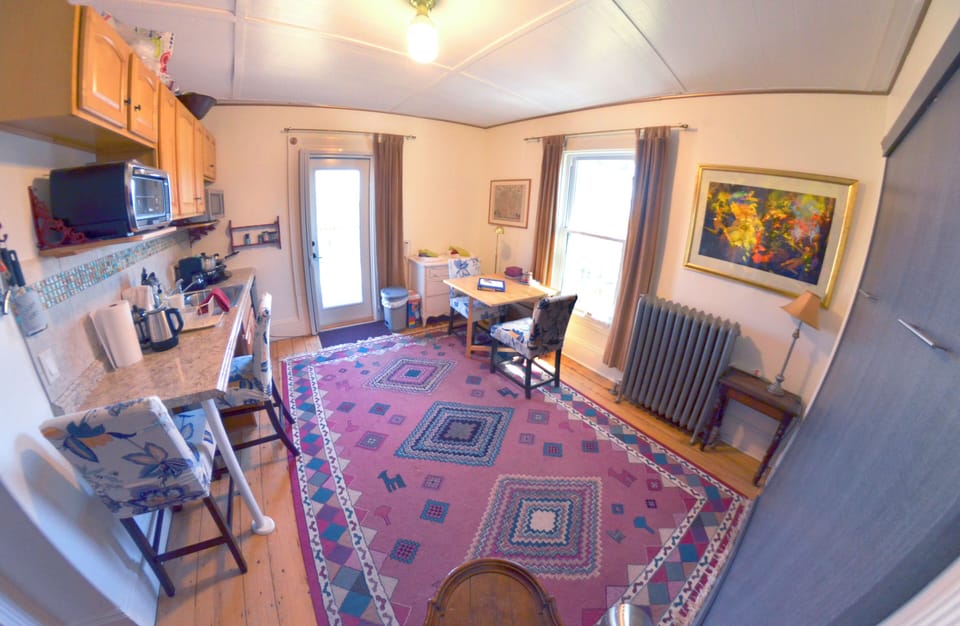 Main sitting room / kitchenette with bed folded away into the wall.