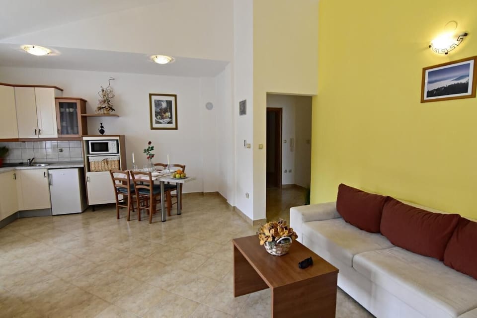 The living area with sofa bed, coffee table, dining area and kitchen.