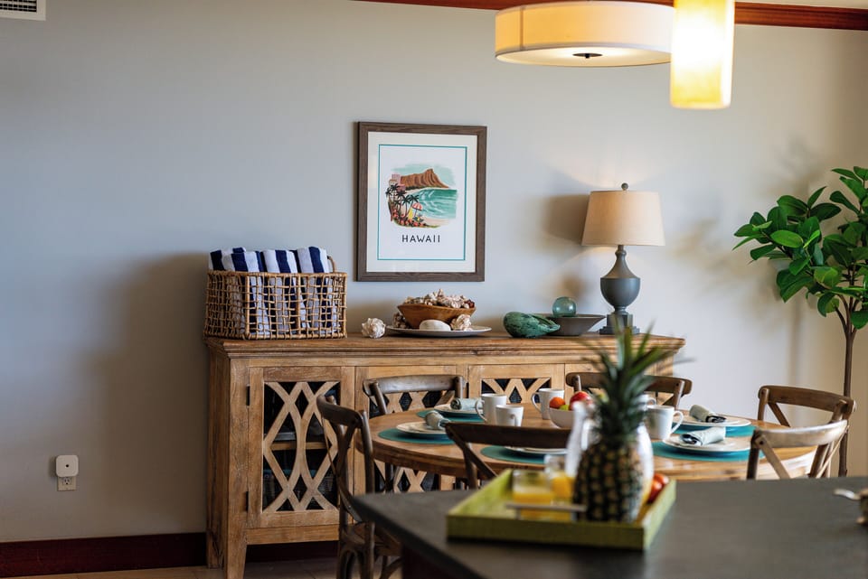 Thoughtfully styled dining area with coastal décor and all your table essentials.