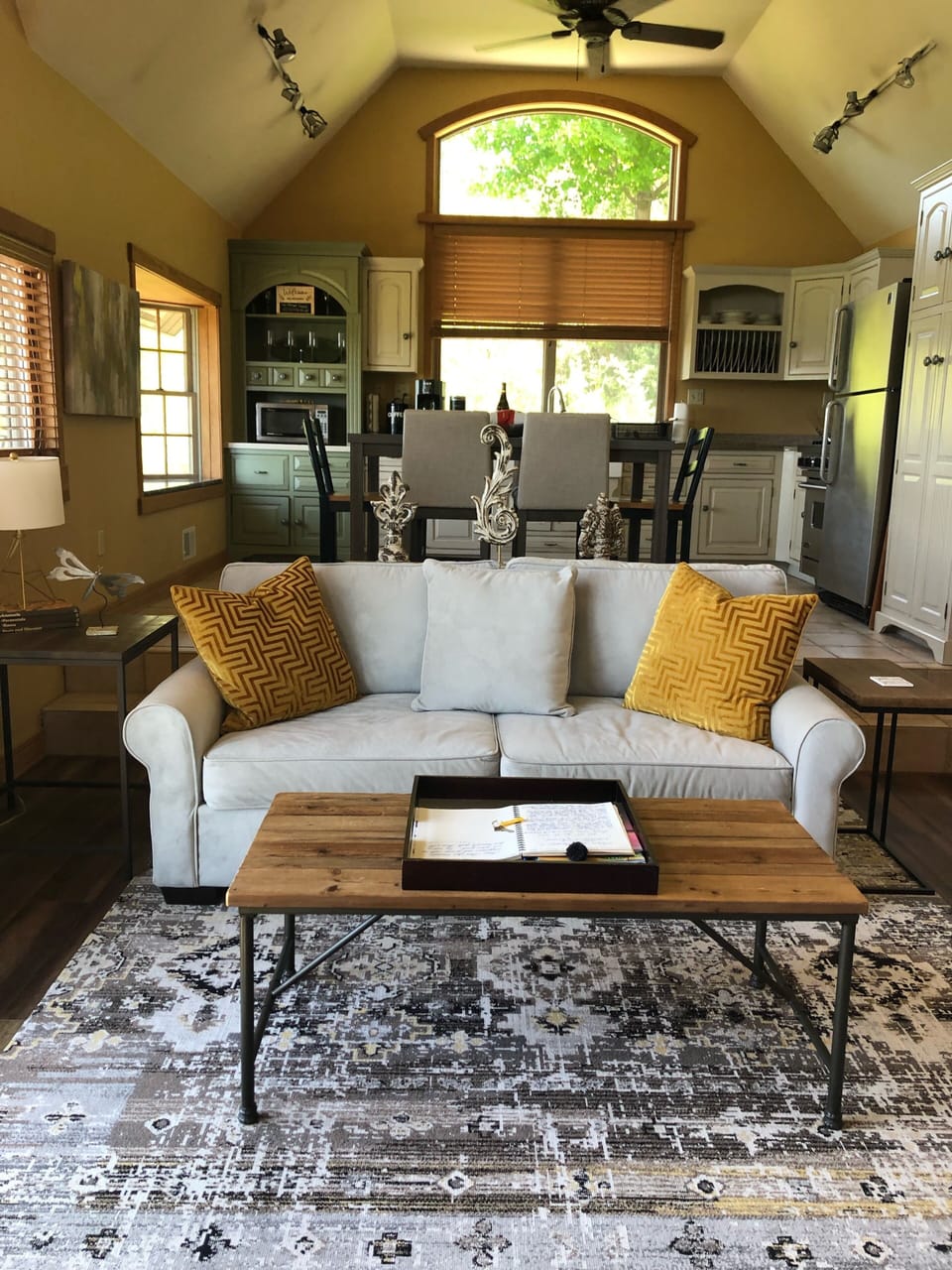 Open living room with elevated dining