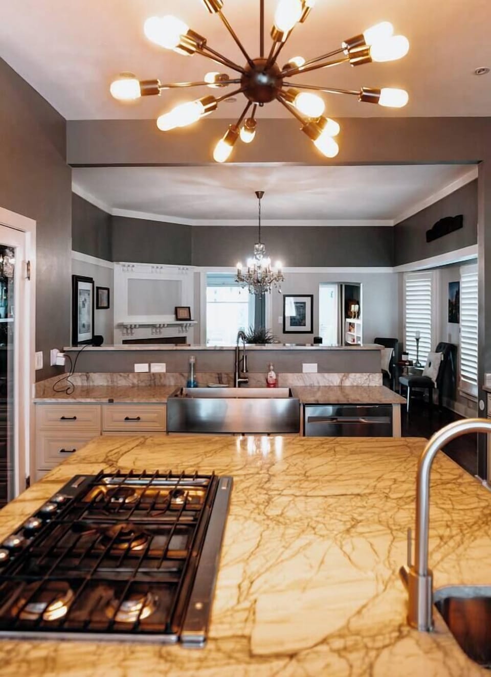 Large open kitchen and dining room. The words "fully stocked" would be an understatement. 