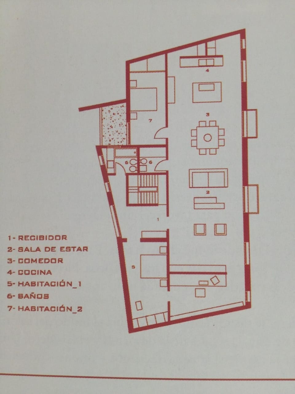1- Entrance
2- Living 
3- Dining
4- Kitchen
5- Main Bedroom
6- Bath
7- Bed