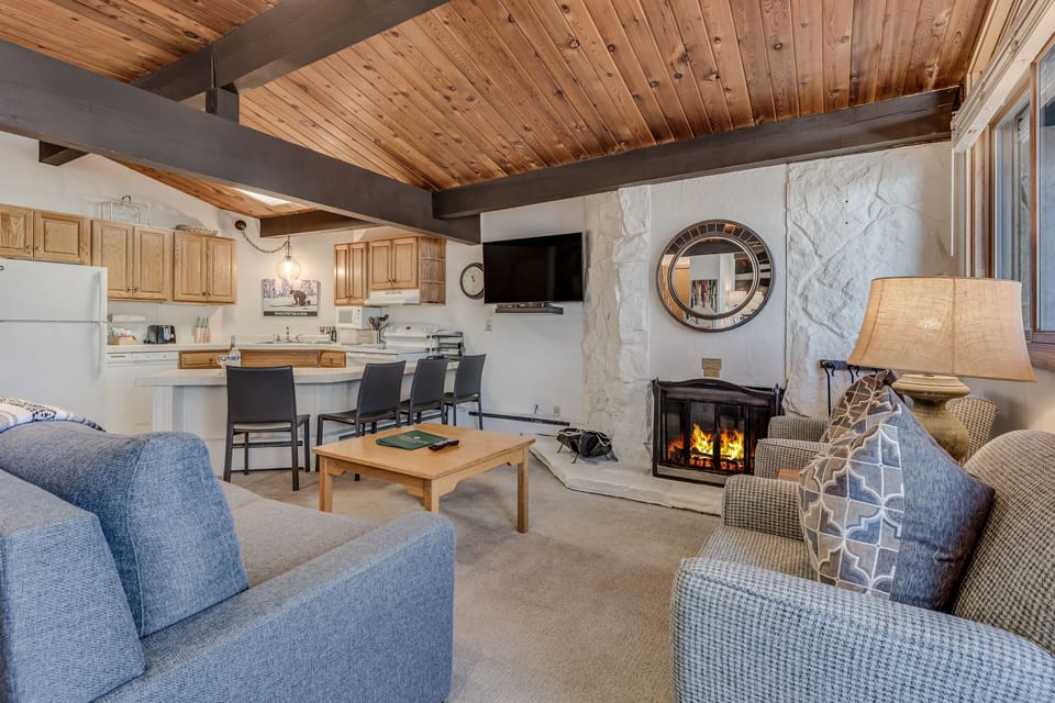 Living room with wood-burning fireplace