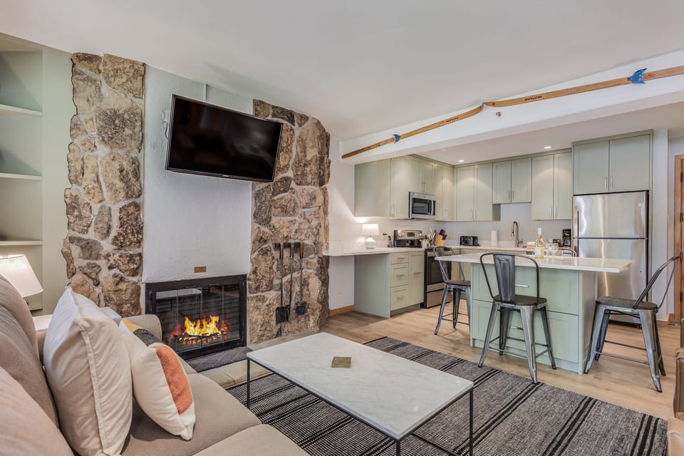 Living area with wood-burning fireplace