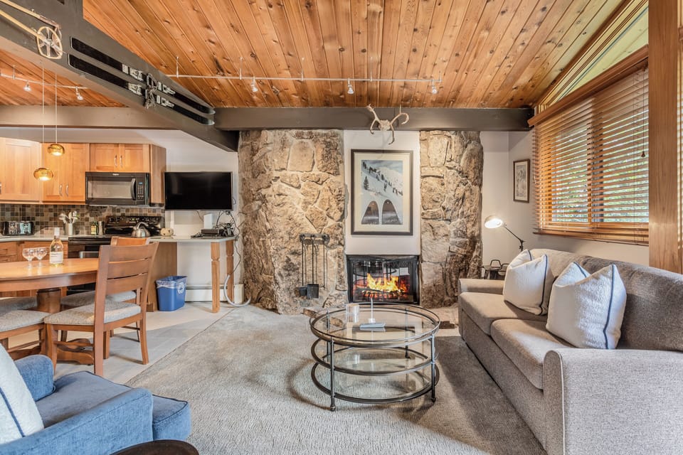 Living room with wood-burning fireplace