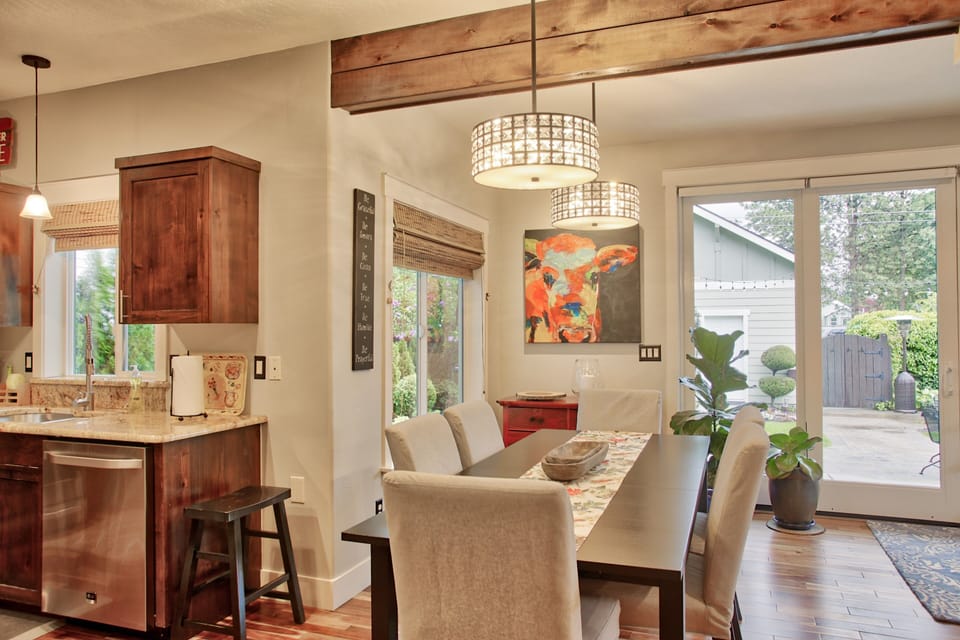 Large dining table off of the kitchen. Perfect for large meals and game nights.