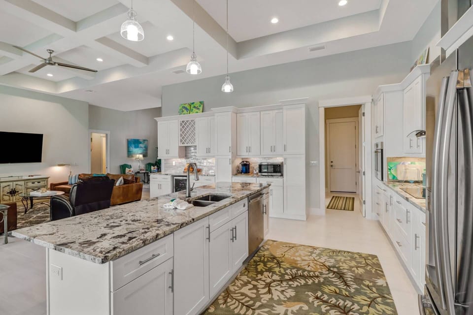 In the wide open space, the kitchen, great room and dining space are all open - great for families spending time together.