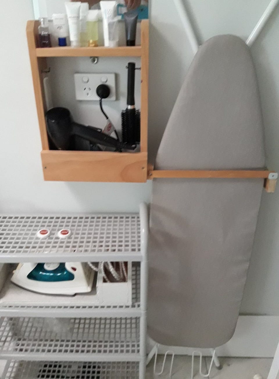 Iron, ironing board, hairdryer, toiletries