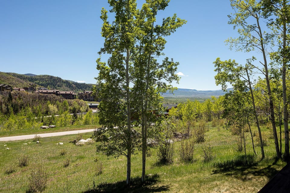 Mountain landscape with lush spring foliage and peaceful valley views surrounding the property area.