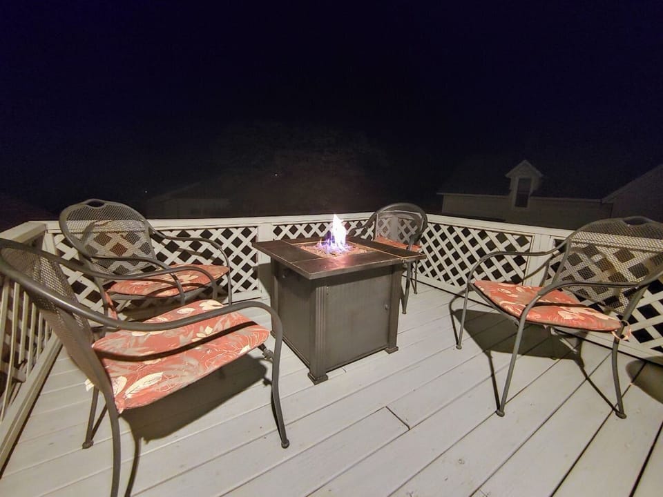 Deck is cozy with a fire pit - perfect for relaxing days or nights.