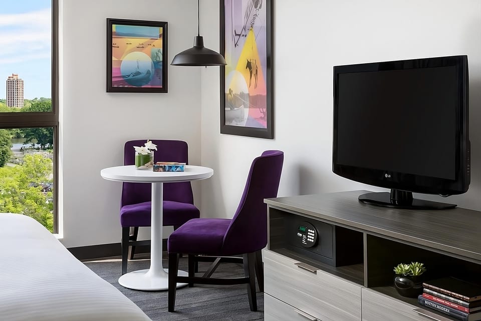 Sip coffee by the window while streaming shows on the TV.