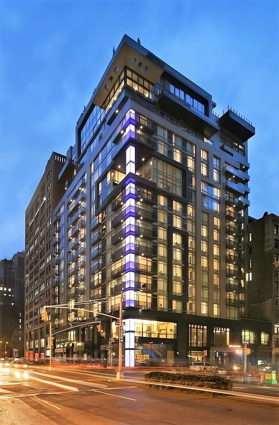 Admire modern architecture glowing beautifully at dusk.
