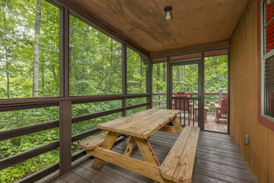 Private screened porch for picnics with a view of the beautiful woods!