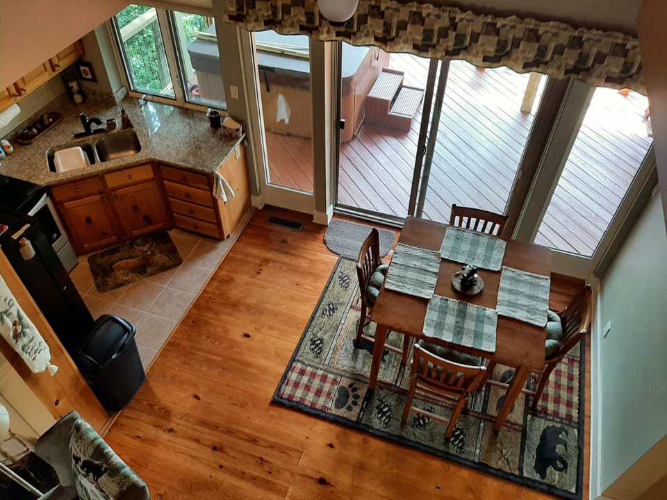 View of kitchen and dining area from the loft.
