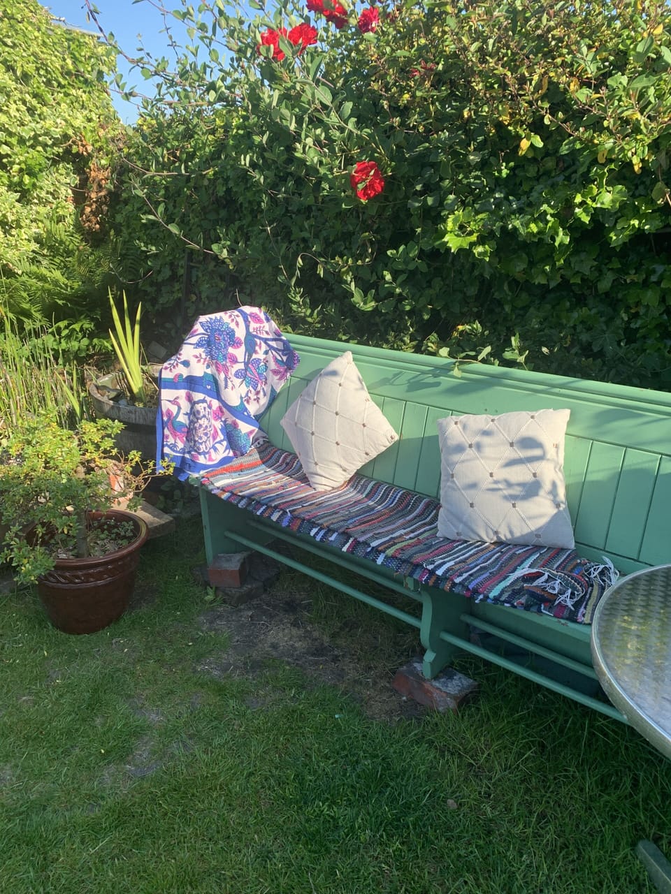 Please Use Garden, Old Welsh chapel Pew and Table , Sun Spot. 