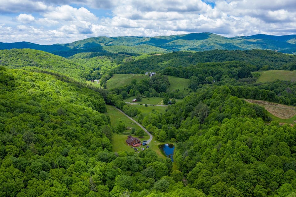 Aerial View of Cabin and Pond