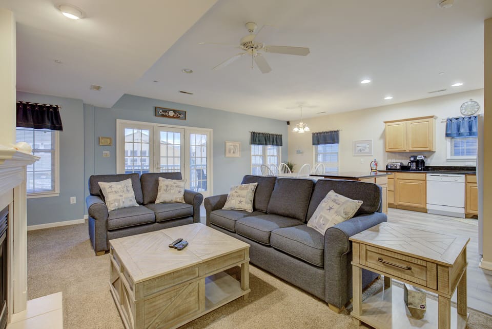 Family room with cozy couch that turns into queen sofa bed